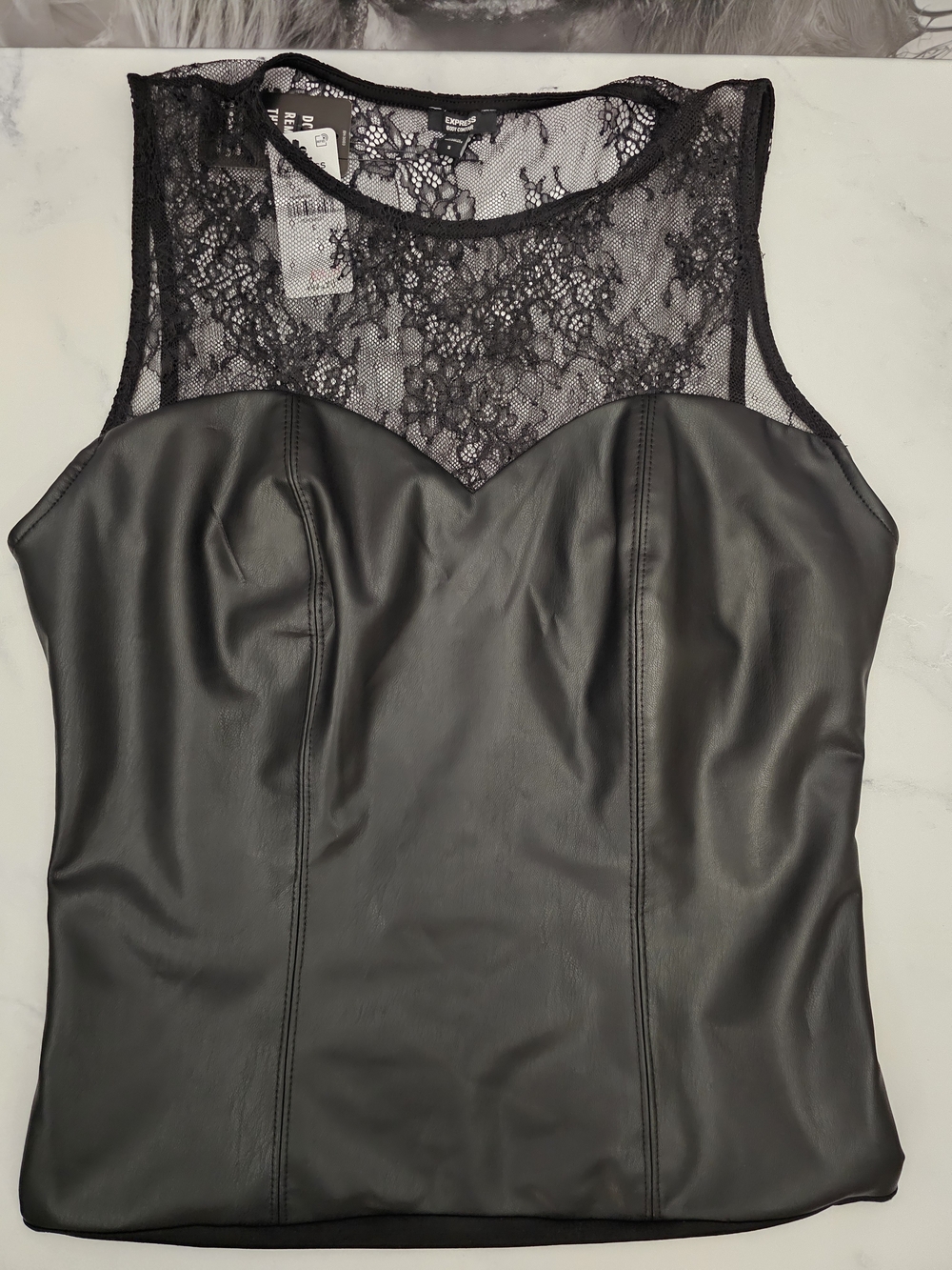 Express Black Faux Leather & Lace Thong Bodysuit NWT Small